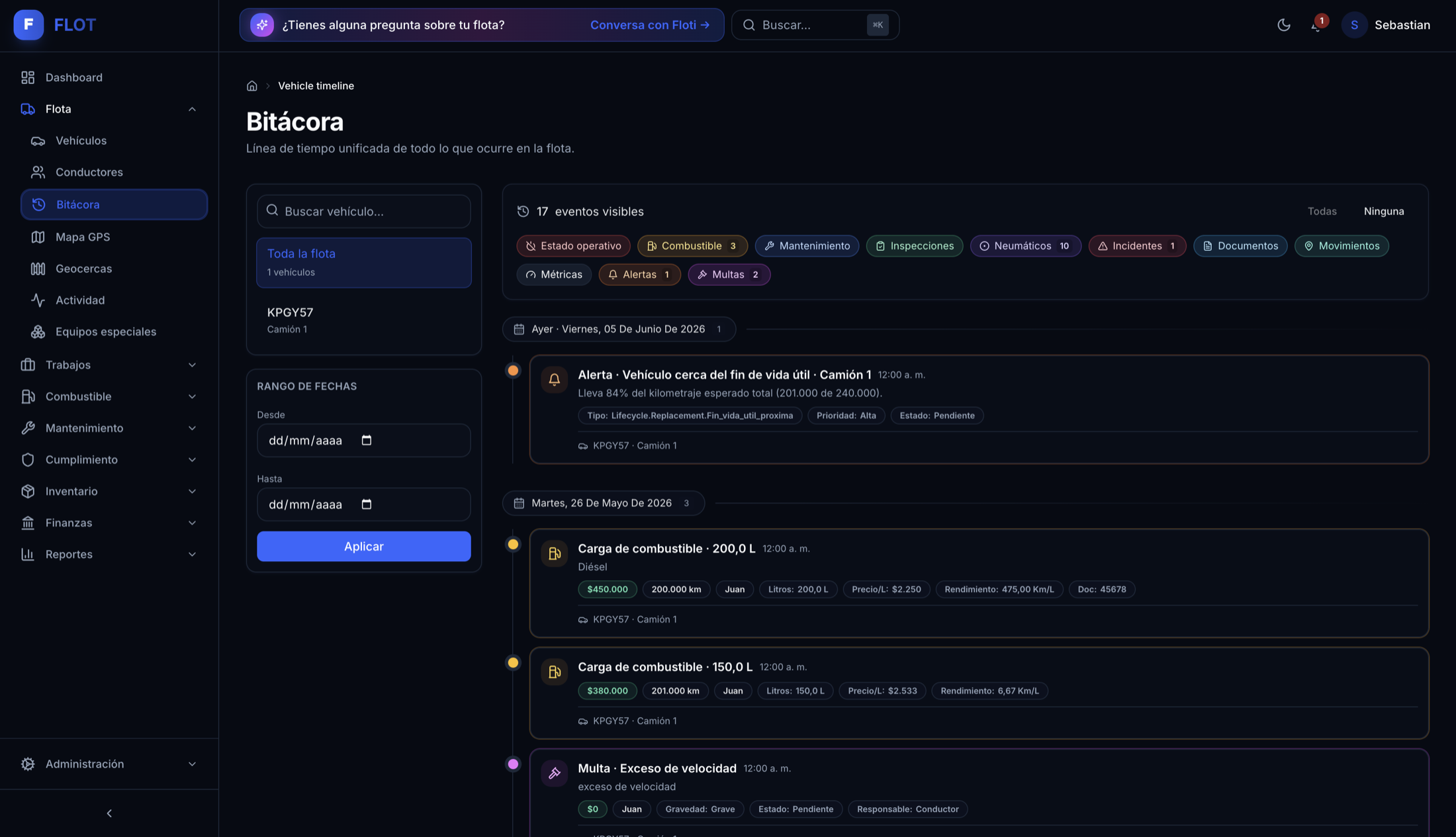 Panel de FLOT: bitácora de flota con alertas, cargas de combustible y eventos en tiempo real