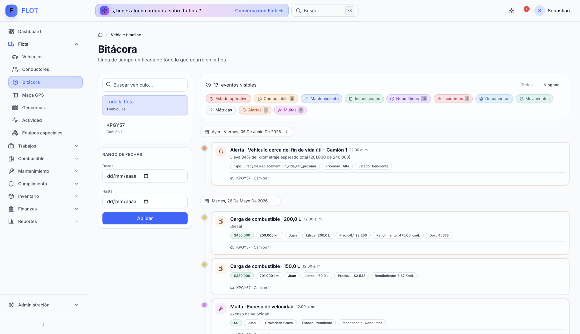 Panel de FLOT en modo claro: bitácora de flota con alertas y eventos